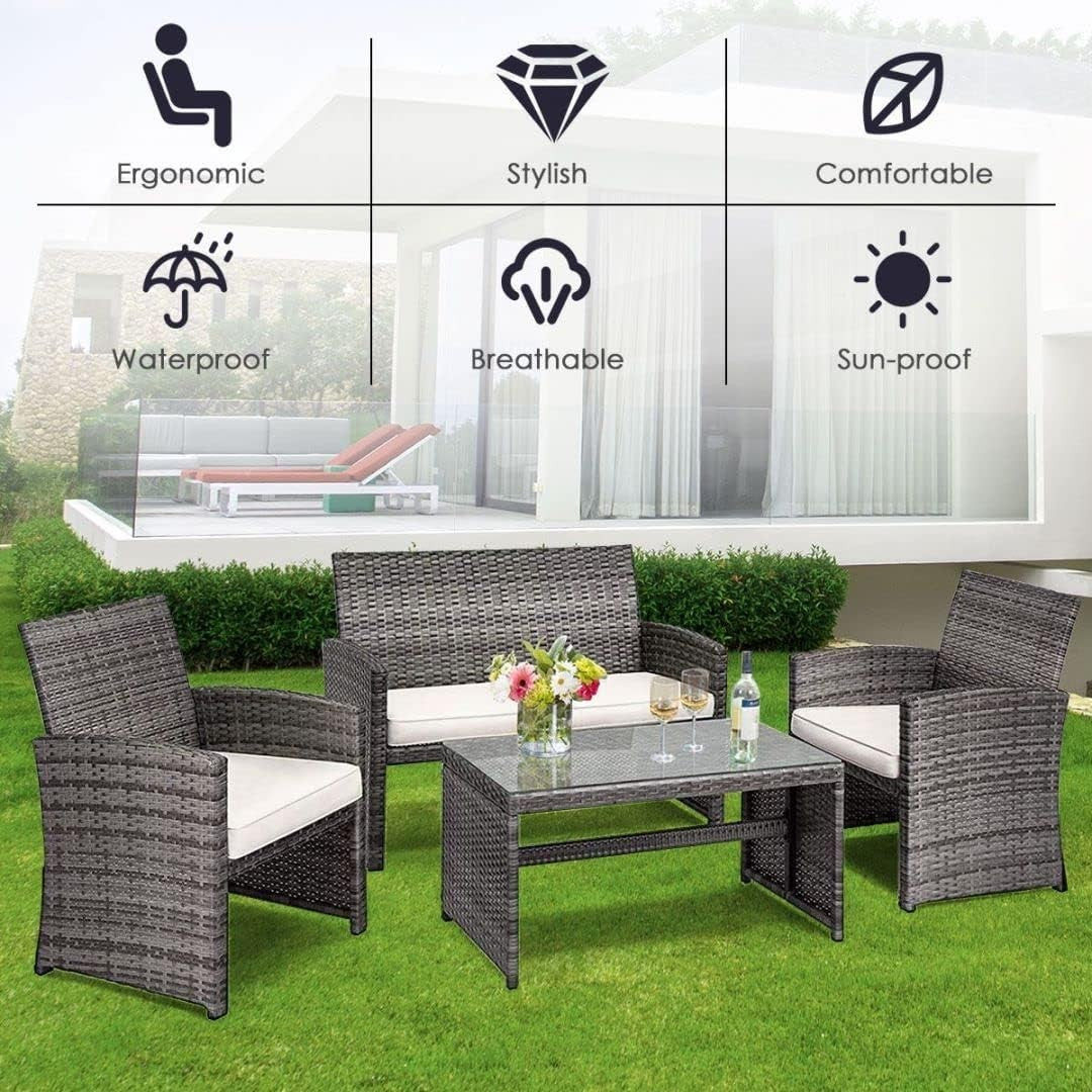 4 Seater Outdoor Rattan Sofa Set with Glass Table Patio Garden Conversation