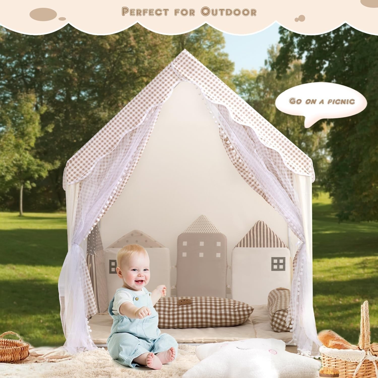 Neutral Beige Kids Play Tent Star Lights Indoor Outdoor Teepee House