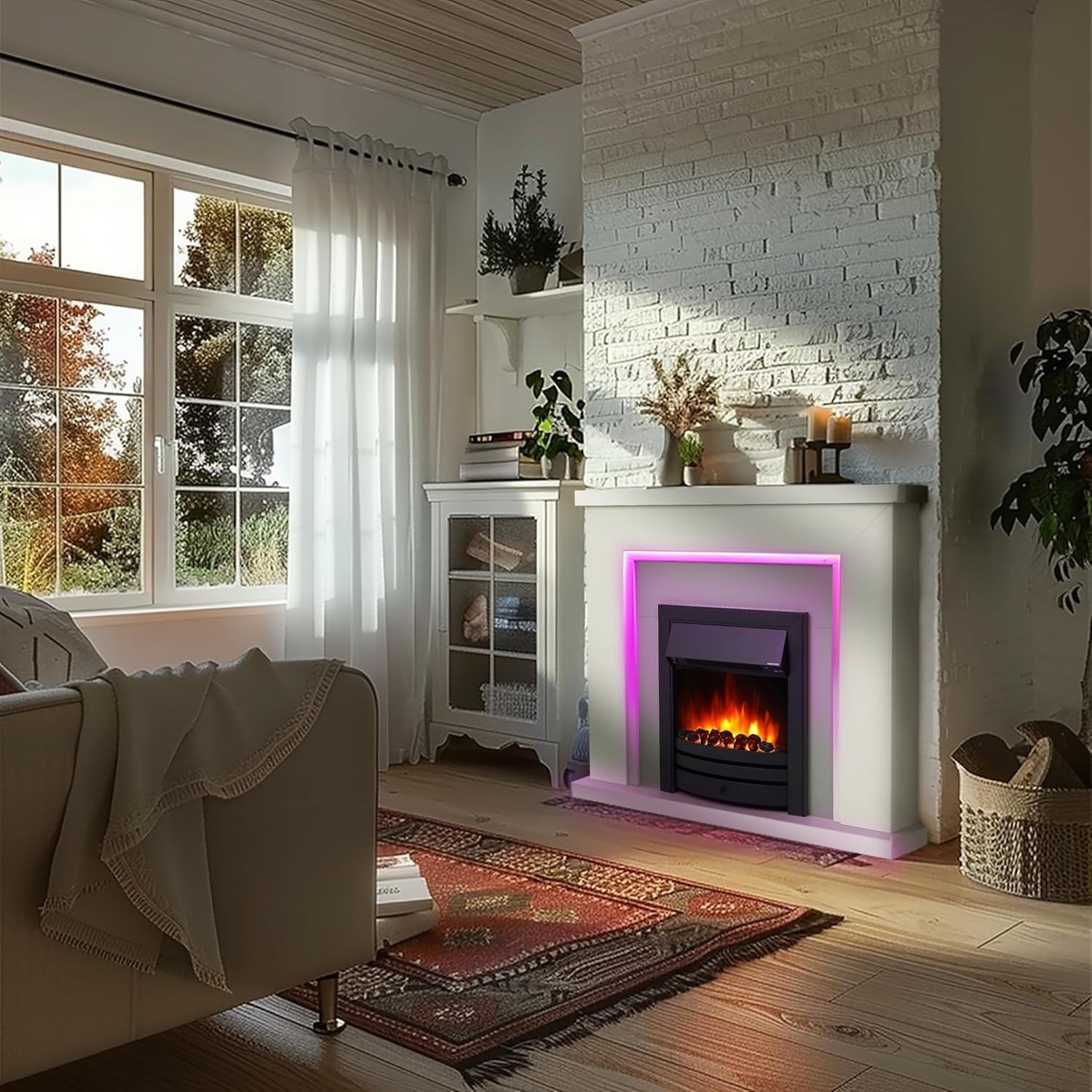 Electric Fireplace Suite 42" LED Fire Remote Grey Hearth White Mantel
