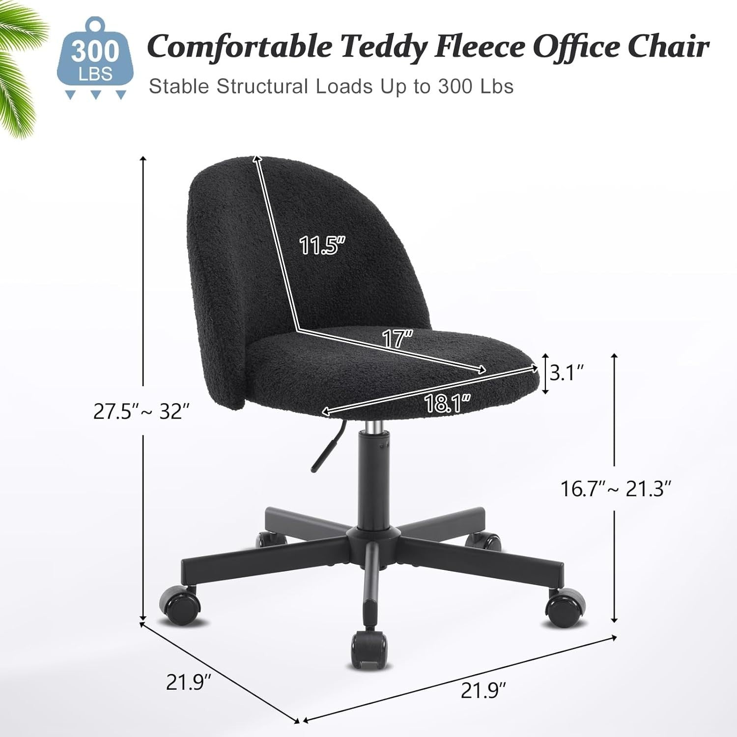 Black Faux Fur Swivel Desk Chair Adjustable Height Small Modern Vanity Seat