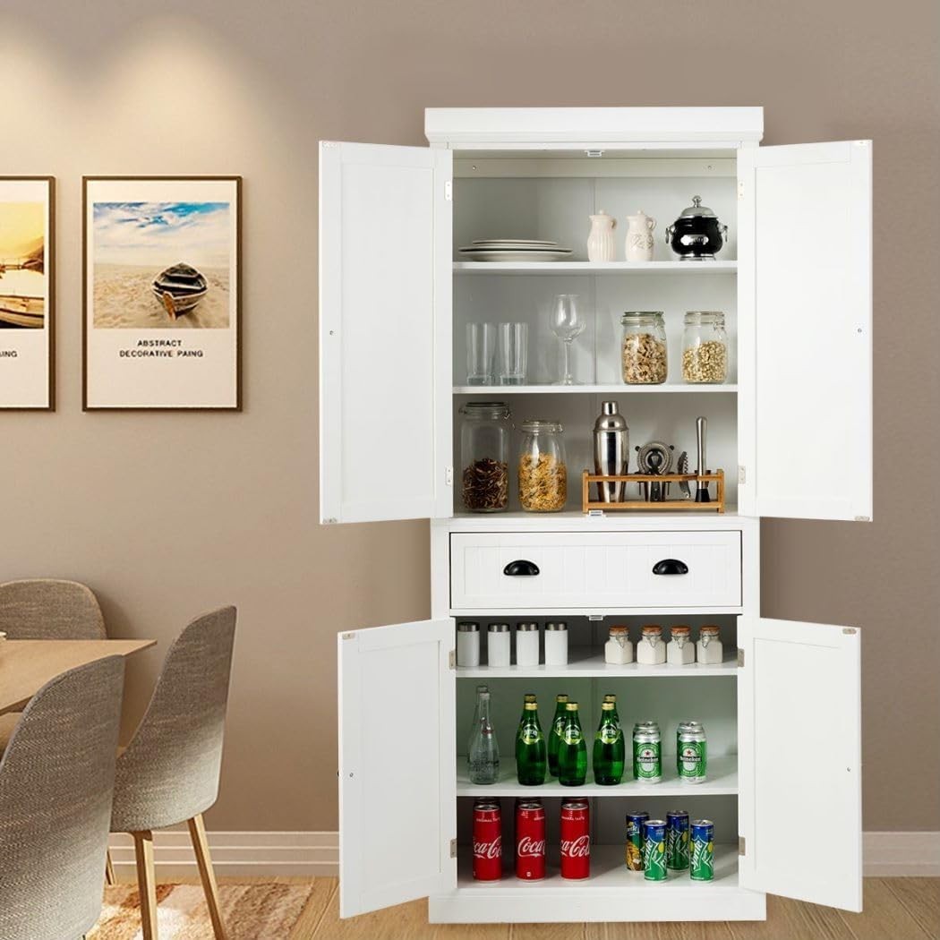 White Tall Kitchen Cupboard 4-Door Pantry Cabinet Drawer 183cm