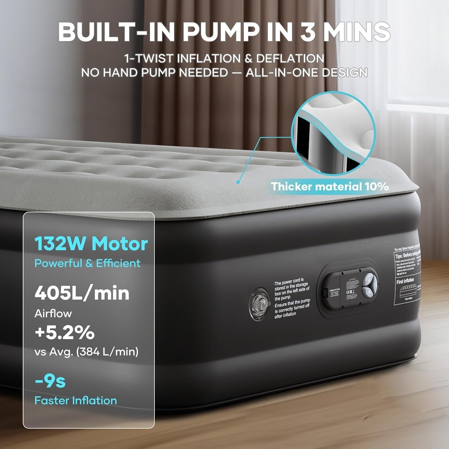 Inflatable Air Mattress Single XL with Built-In Pump, Flocked, 46cm High