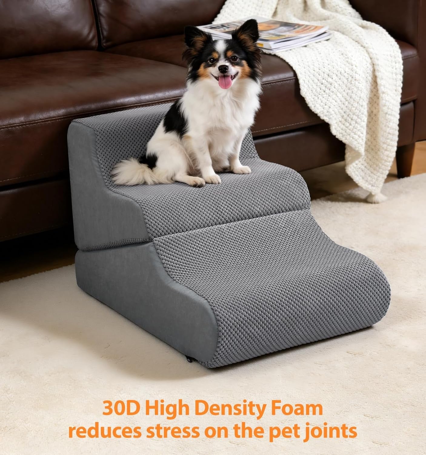 Grey 3 Step Dog Stairs Adjustable Foam Pet Ramp 68x40x40cm