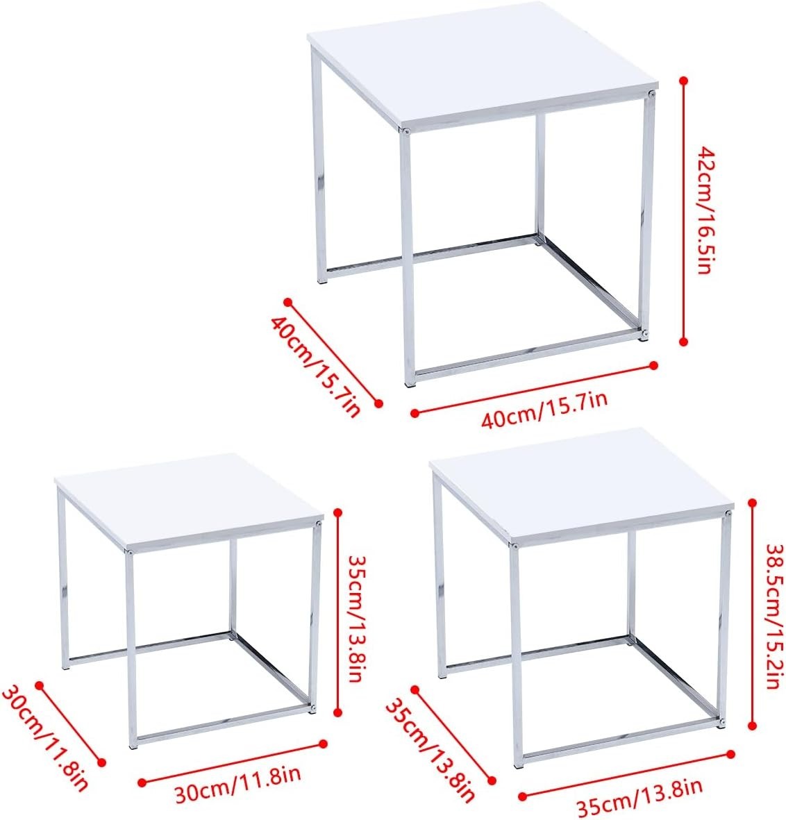 Space Saving 3pc Nesting End Side Tables Stackable High Gloss Modern White Set