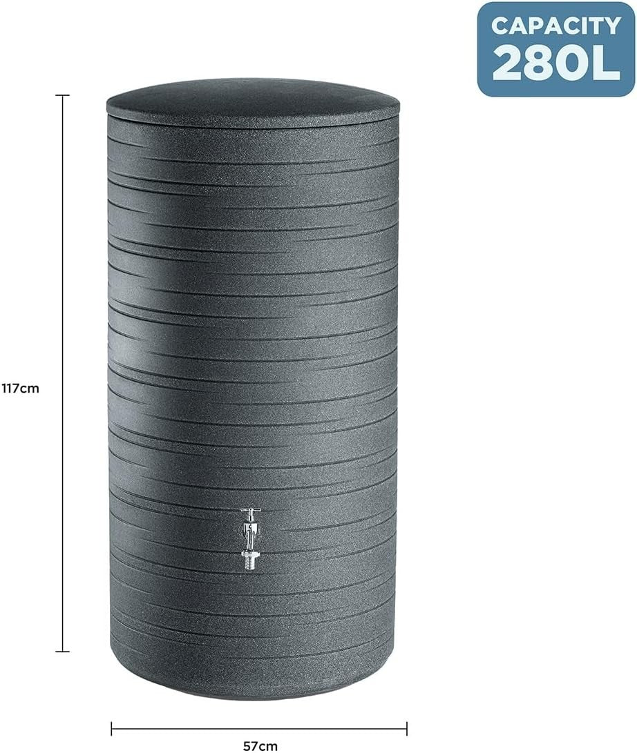280L Garden Water Butt with Tap & Connector Kit, Anthracite, Cylindrical Design