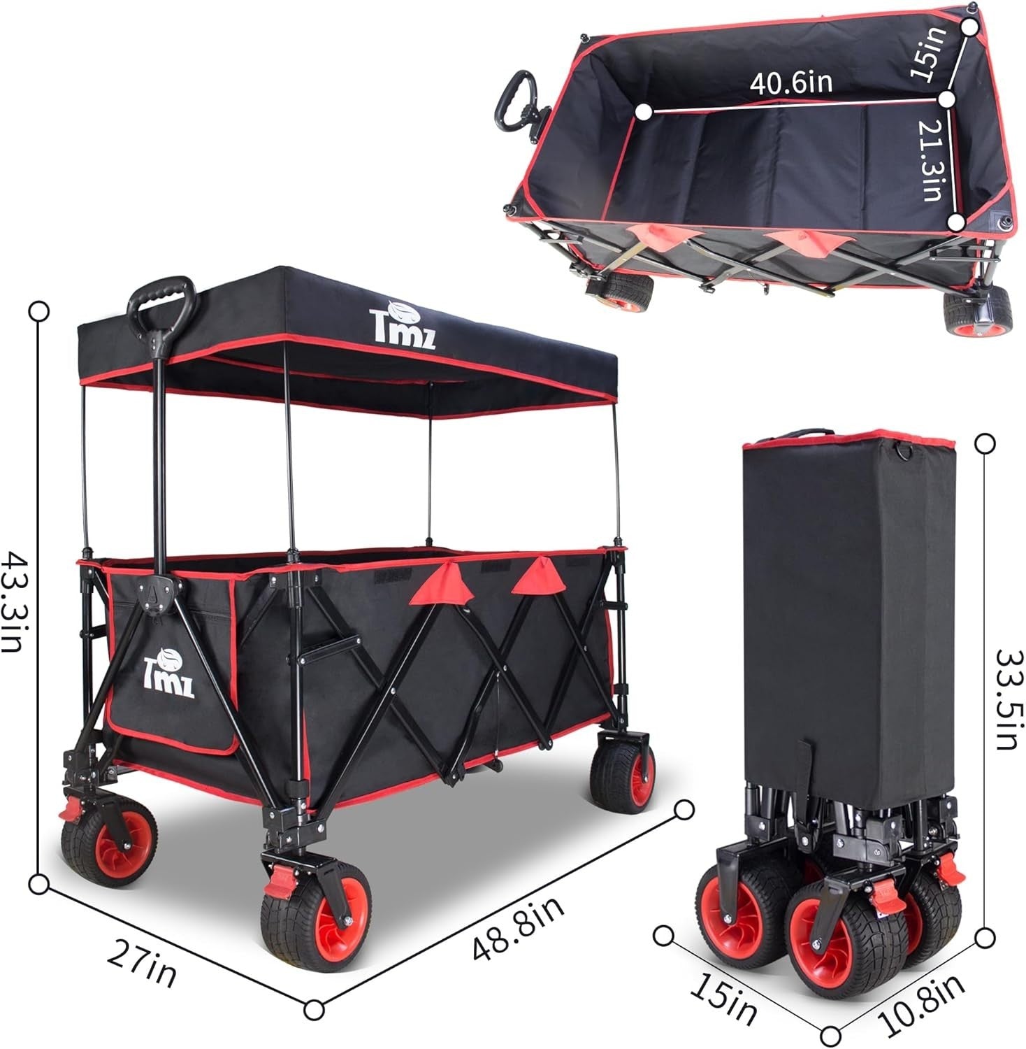 445L Extra Large Folding Wagon 120kg Load w/ Canopy Brakes Big Wheels Black Red