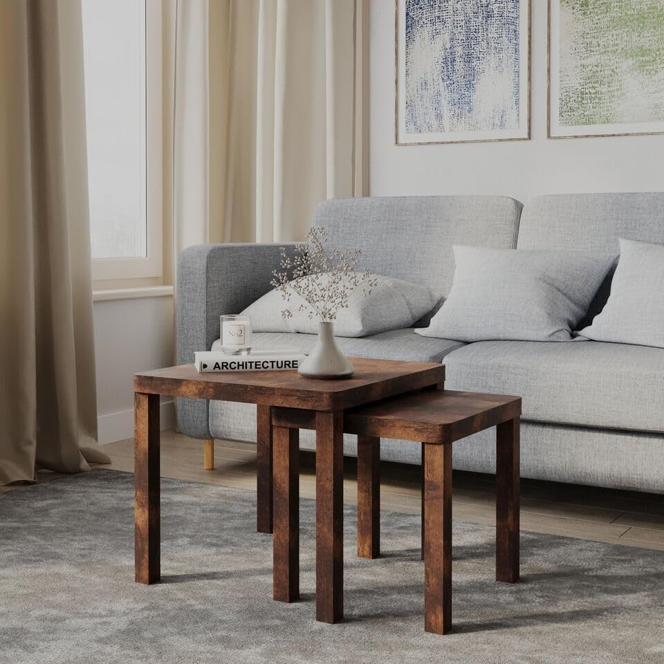 Square Wooden Nesting End Tables Set 2 Rustic Brown Coffee Side Sofa Space Savin