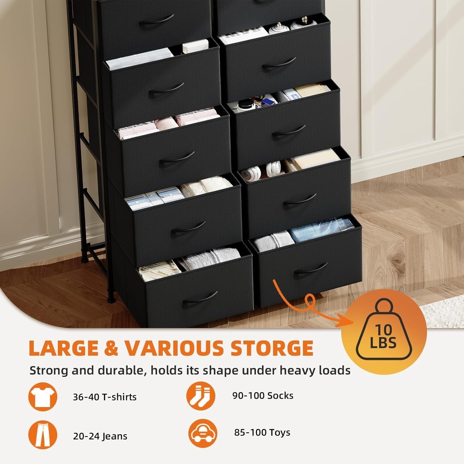 Tall 10 Drawer Fabric Dresser Storage Cabinet Black Wood Bedroom Organizer