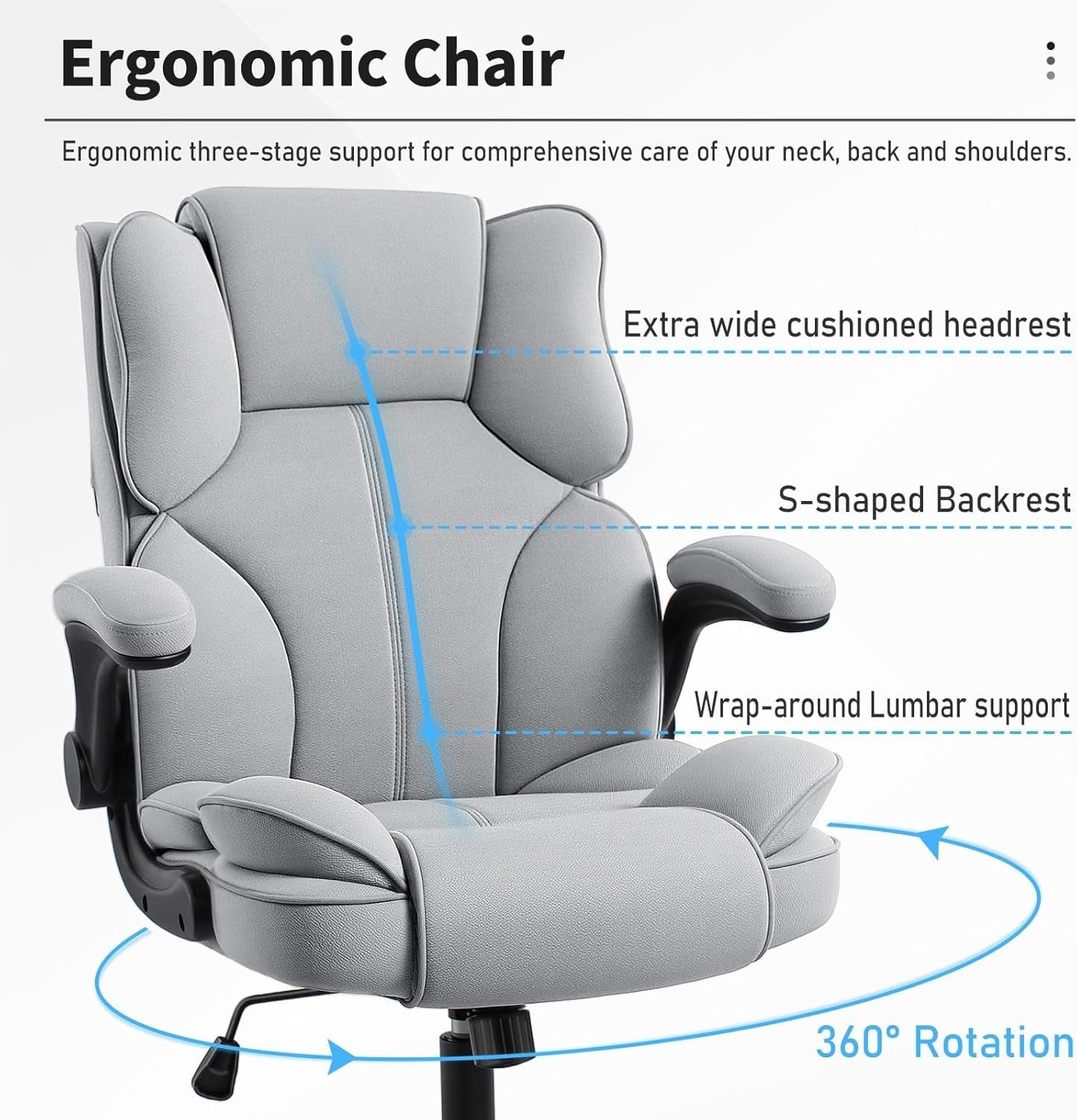 Ergonomic Office Chair Grey Desk Computer Seat Large Heavy Duty Fold-up Arms
