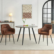 Round Grey Marble Dining Table Set with 2 Faux Suede Chairs Kitchen Room