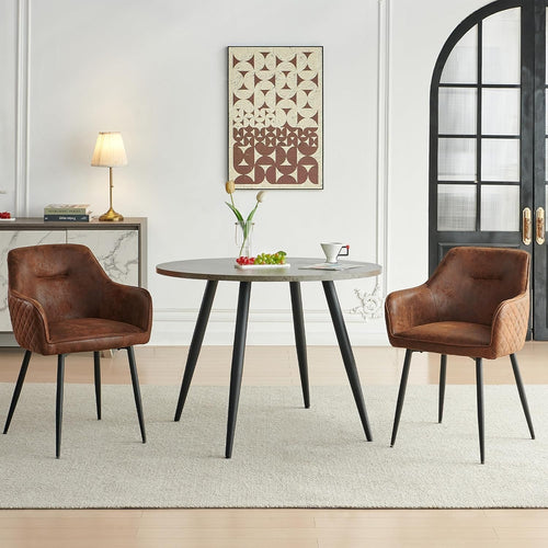 Round Grey Marble Dining Table Set with 2 Faux Suede Chairs Kitchen Room