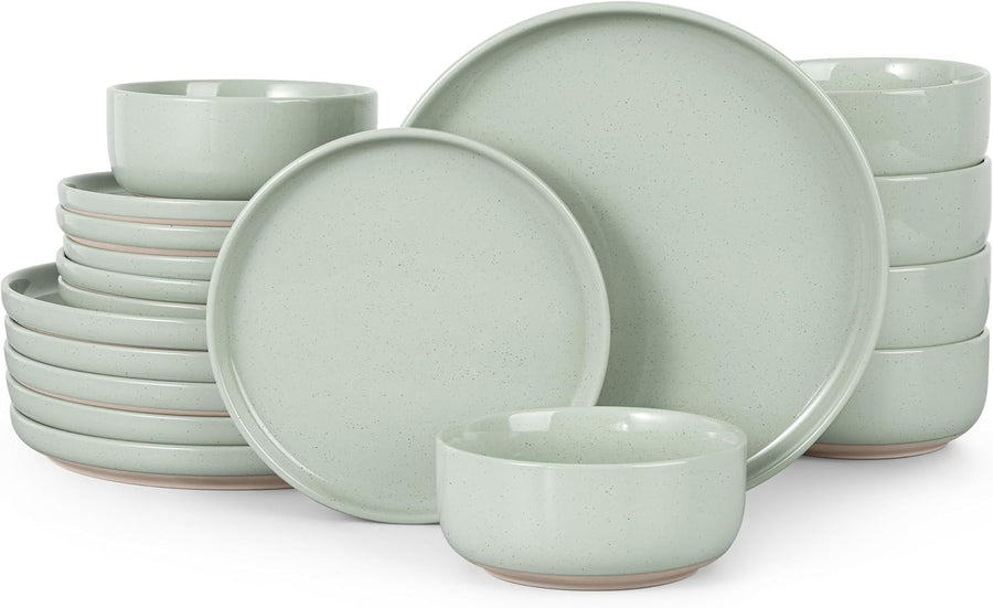 18pc Stoneware Dinnerware Set Plates Bowls Green Service for 6