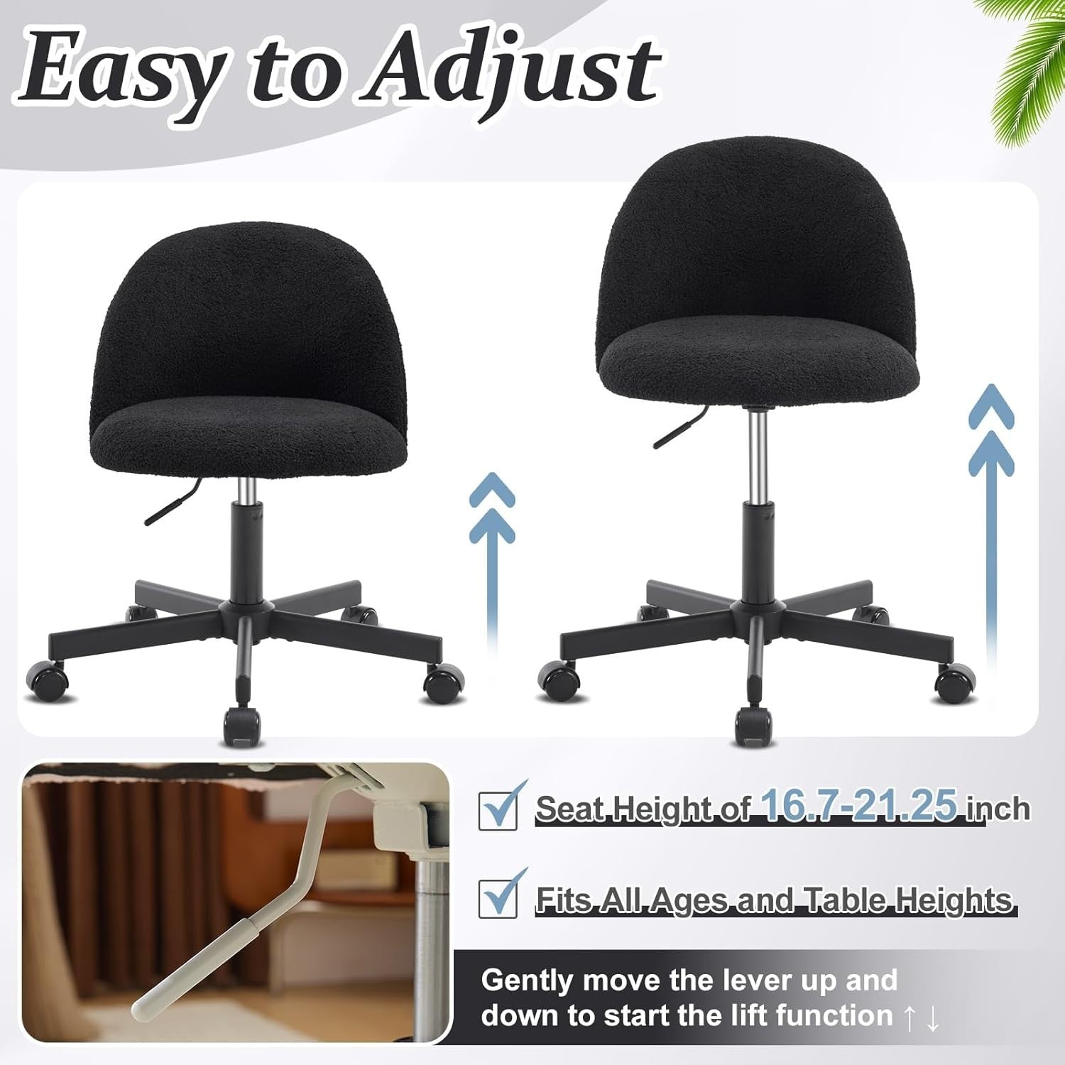 Black Faux Fur Swivel Desk Chair Adjustable Height Small Modern Vanity Seat