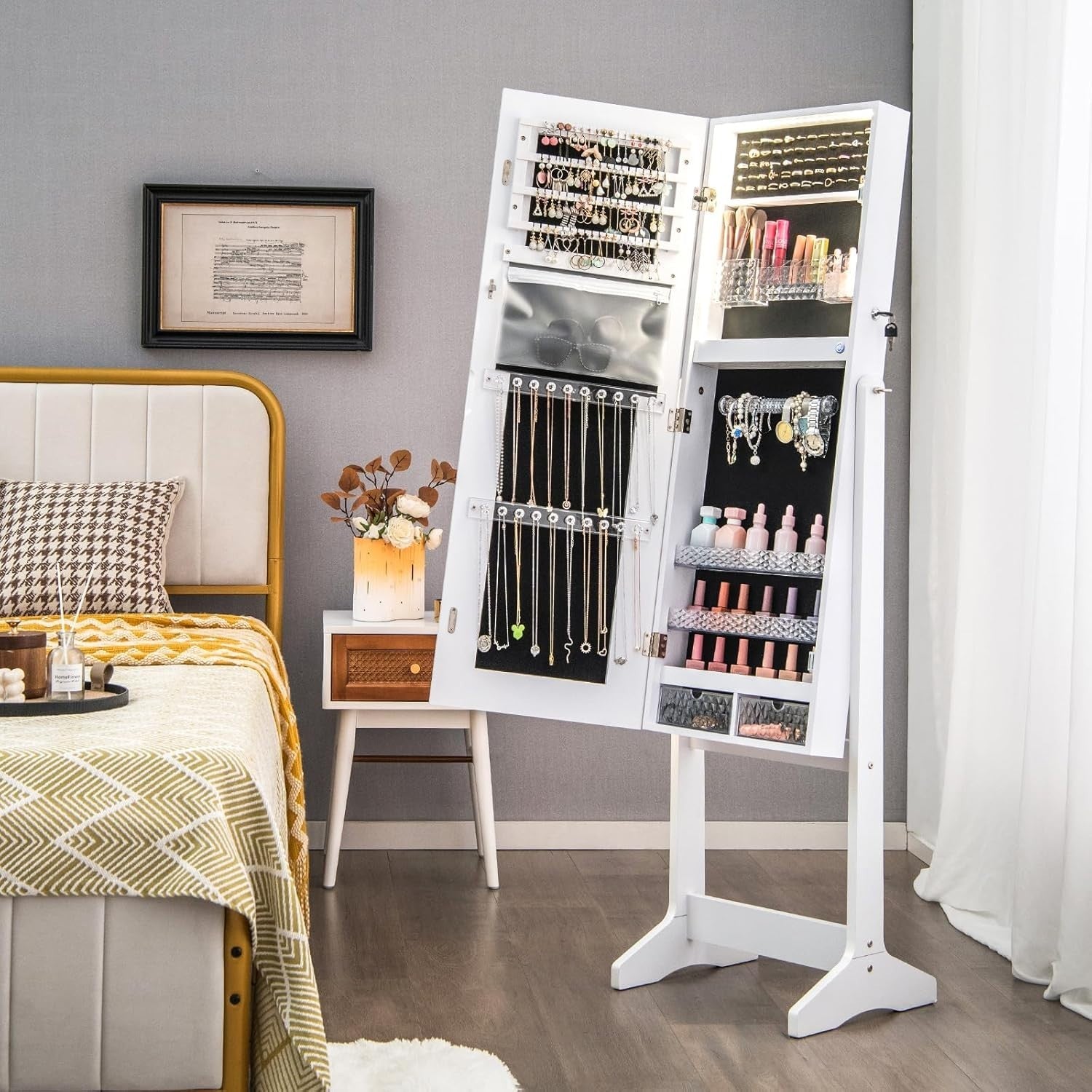 White LED Jewellery Cabinet Full Length Mirror Adjustable Lockable Storage