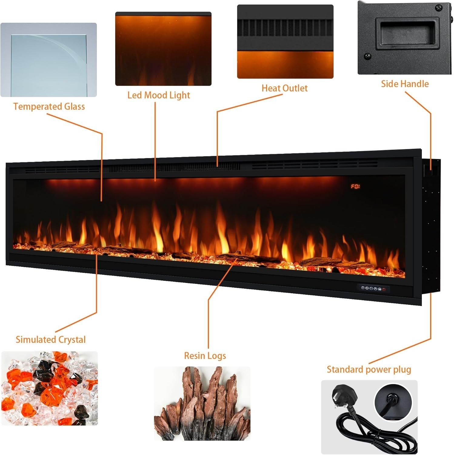 60" Electric Wall-Mounted Fireplace Heater w/ Remote, Multicolor Flames