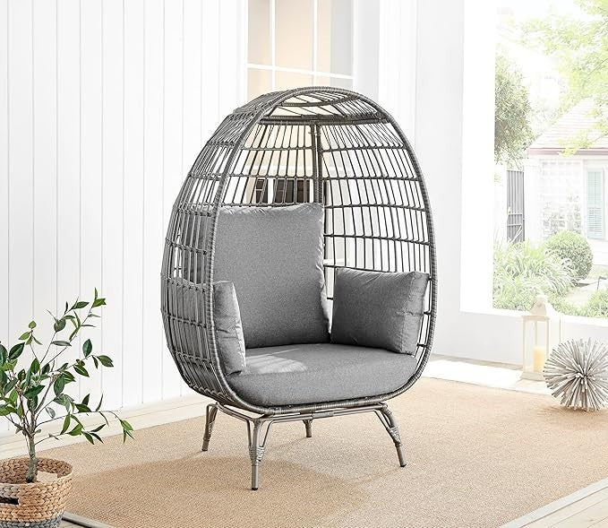 Luxury Grey Rattan Egg Chair Outdoor Indoor Seat w/ Thick Cushions Garden
