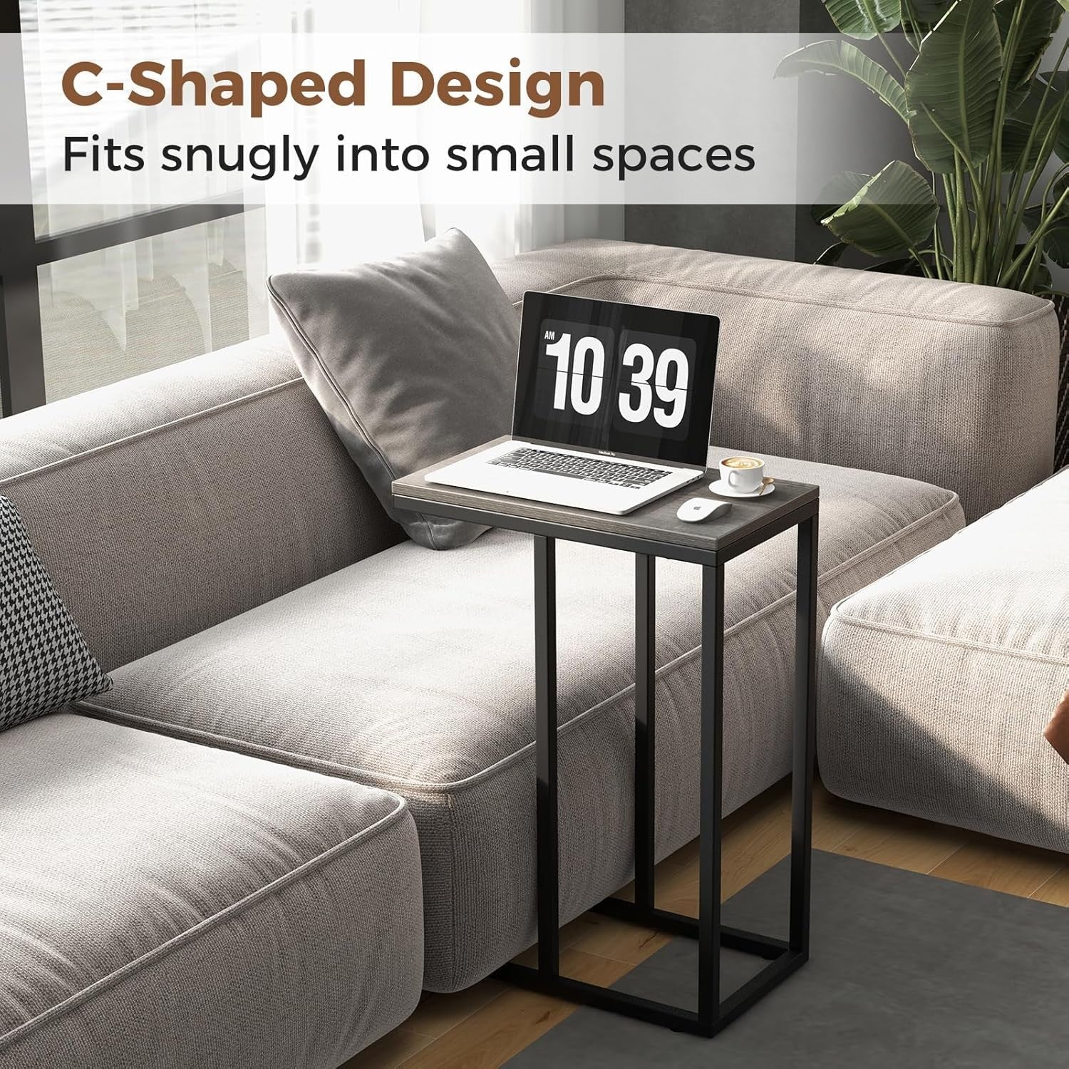 C-Shaped Side Table Grey Oak | Industrial Sofa Laptop Snack Table for Small Spac