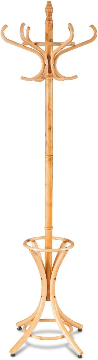 Wooden Coat Rack Stand with 12 Hooks & Umbrella Holder | Oak Hall Tree