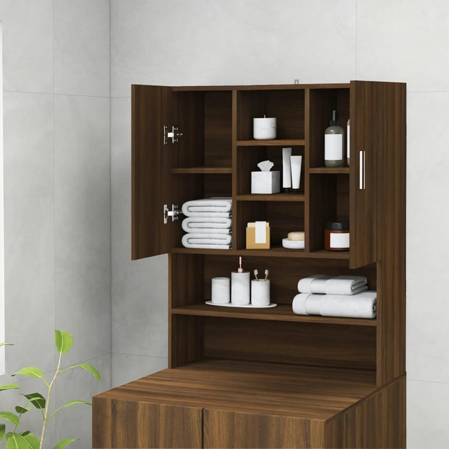 Gecheer Washing Machine Storage Cabinet Bathroom Storage Rack Wooden Laundry Cup