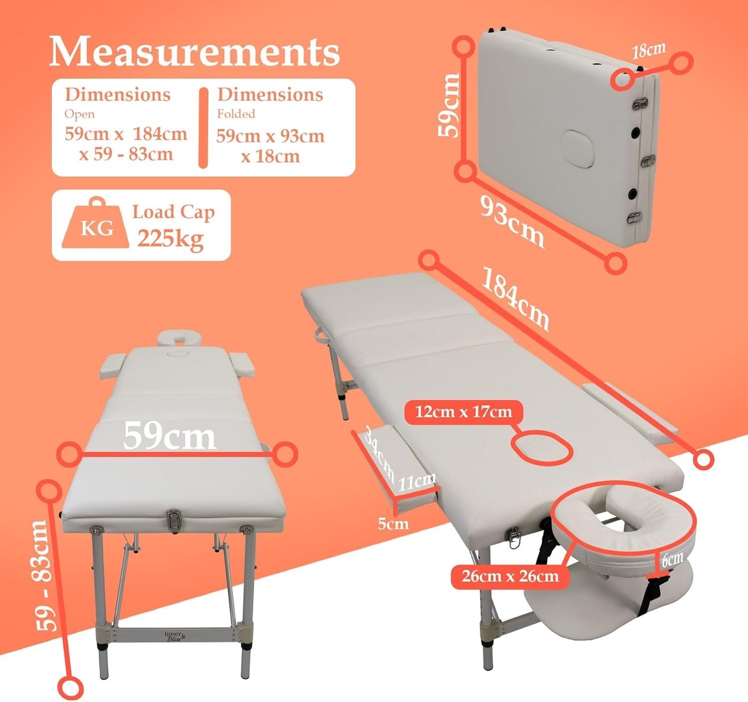 Portable 3-Section Massage Table Aluminium Folding Beauty Therapy Spa Bed White