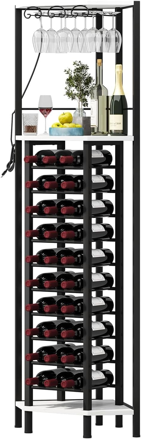Corner Wine Bar Cabinet with LED Light, Glass Holder & 20 Bottle Storage Rack