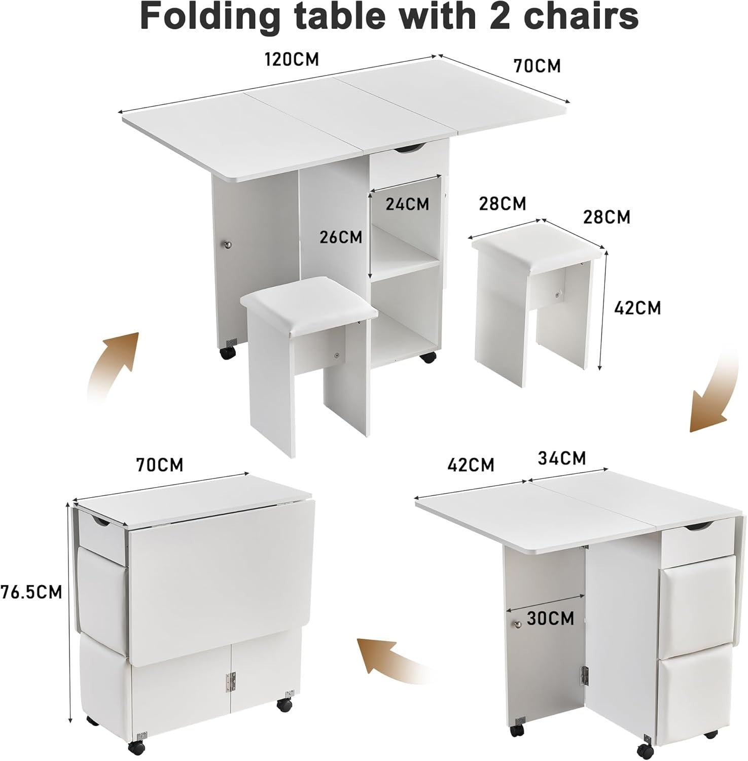 Compact Folding Dining Table Set with Storage & PU Chairs, Lockable Wheels