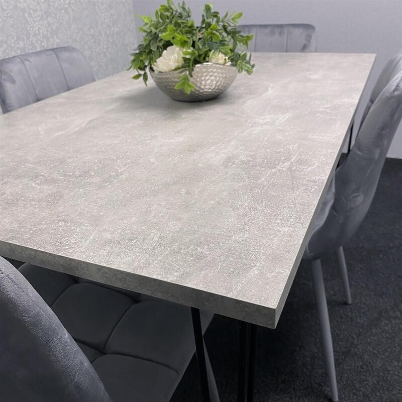 Grey Dining Table Set with 4 Velvet Chairs – Hairpin Legs Modern 4 Seater