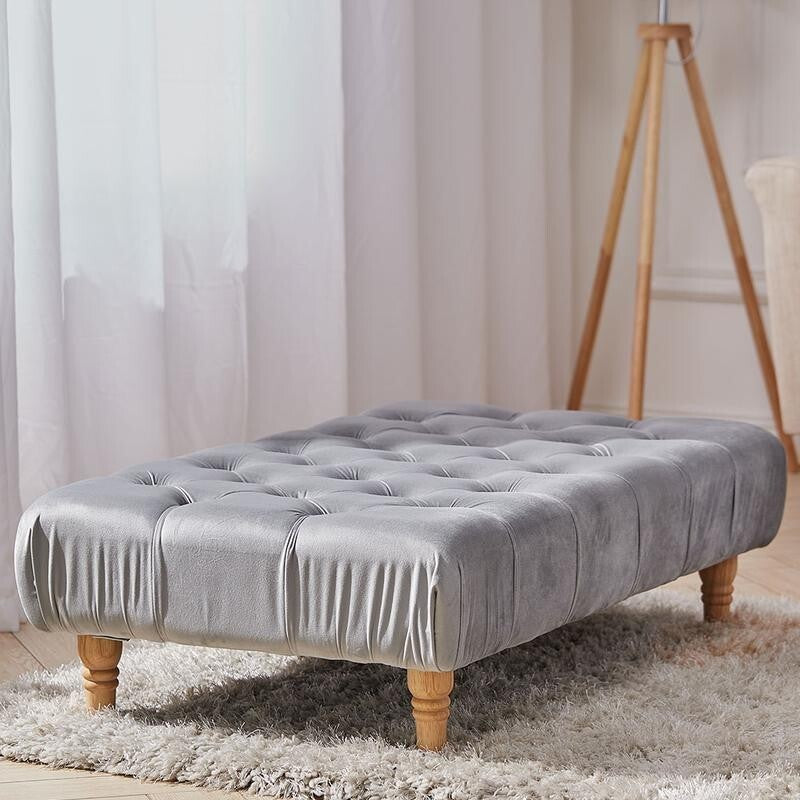 Grey Tufted Rectangle Velvet Footstool Ottoman Seat Bench 100cm Wide
