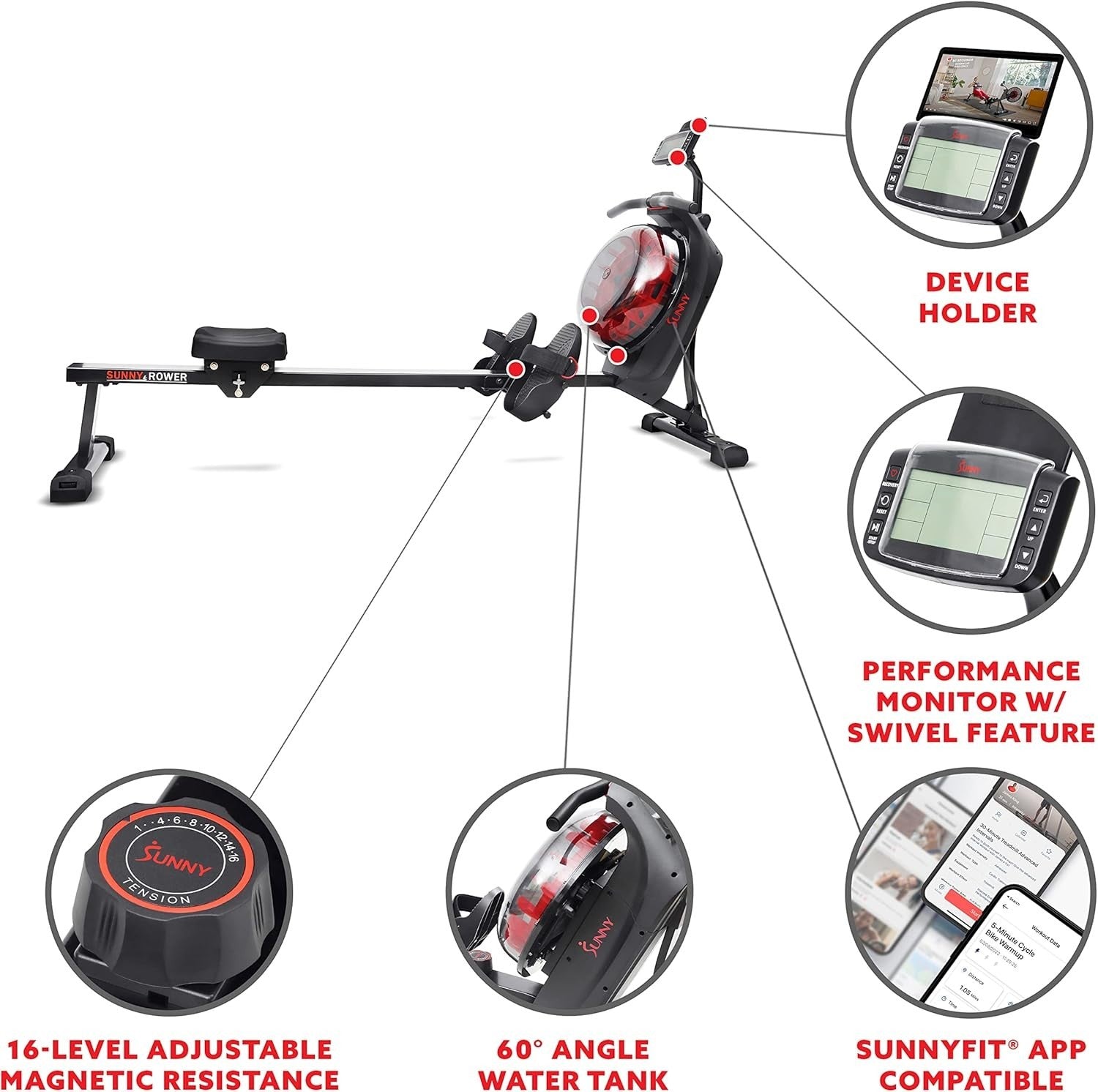 Dual Magnetic Water Rowing Machine Smart App Rower Long Rail LCD Home Gym 120KG