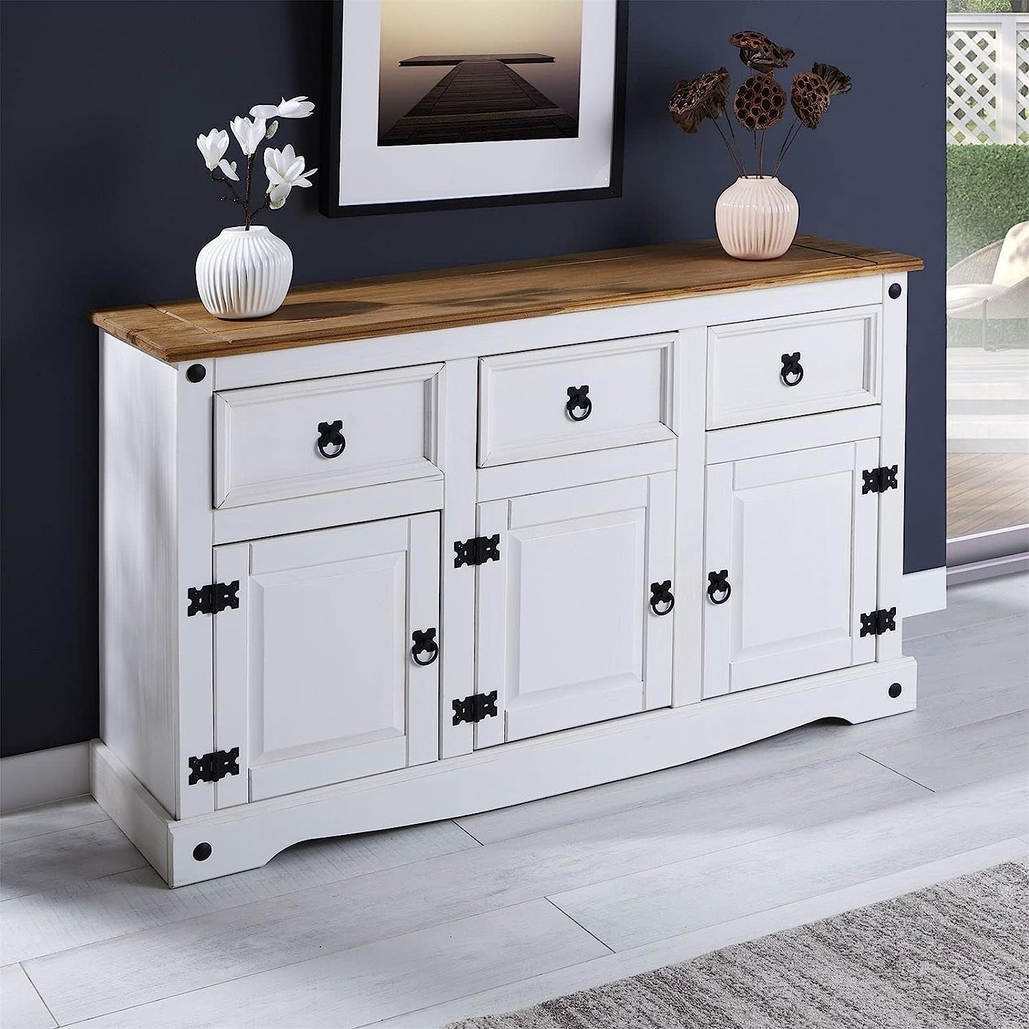 White Solid Pine Sideboard Cabinet 3 Door 3 Drawer Rustic Storage Unit**