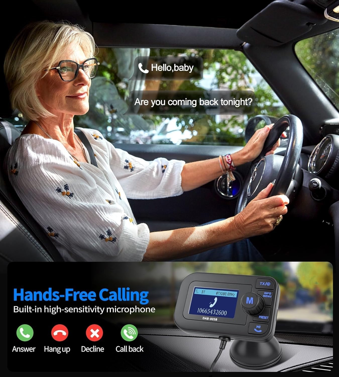 Car DAB/DAB+ Radio Adapter FM Transmitter w/ Bluetooth, AUX & USB