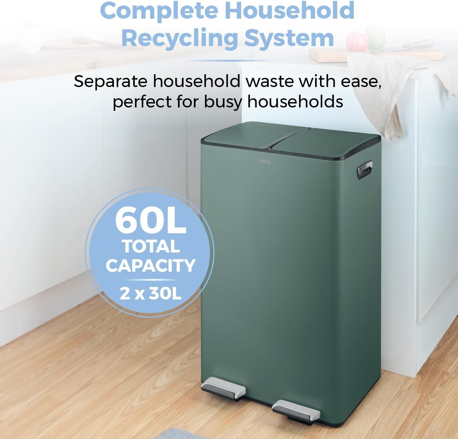 60L Recycling Pedal Bin 2x30L Dual Compartment Green