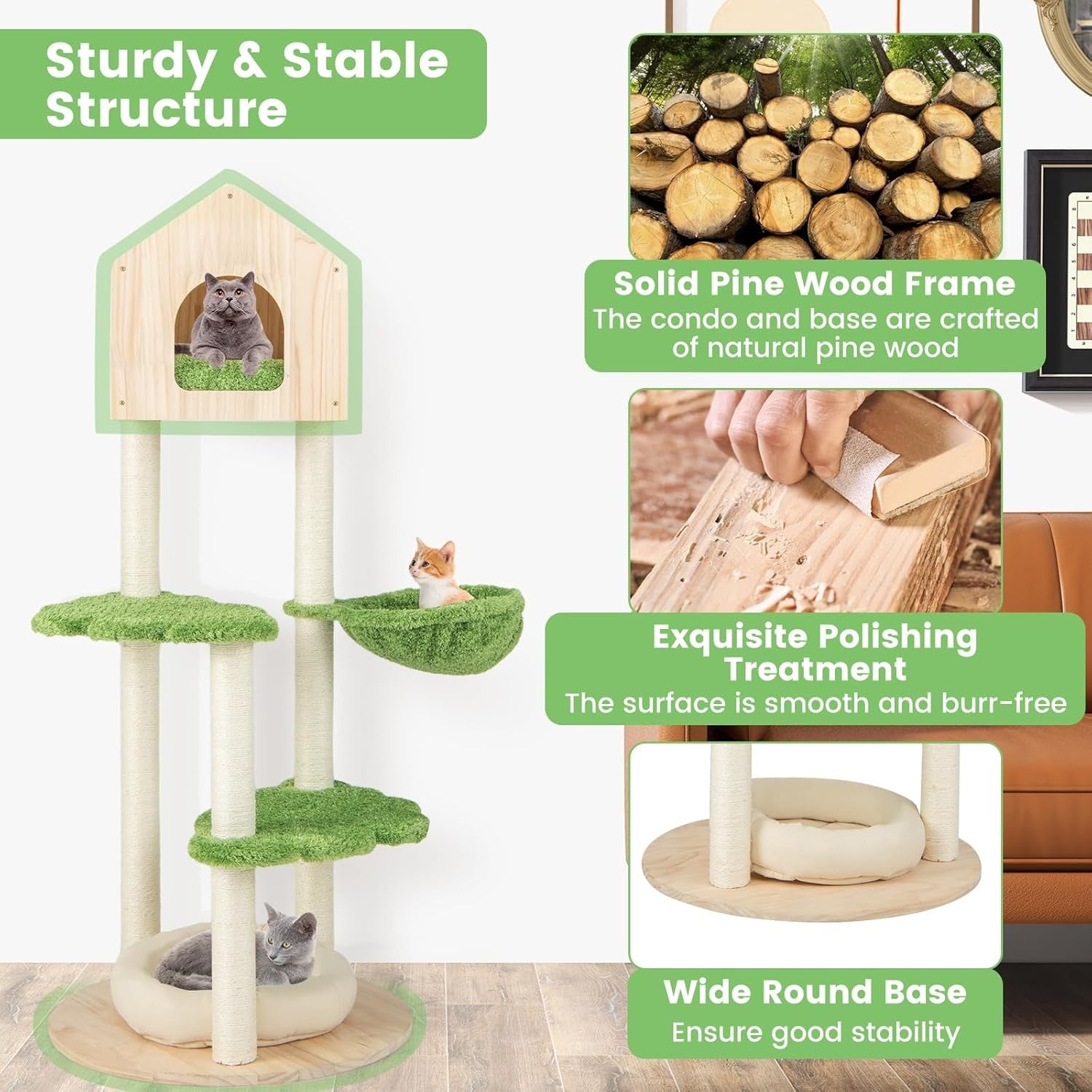 Modern Wooden Cat Tree Tower House Bed Sisal Posts Multi Level Indoor
