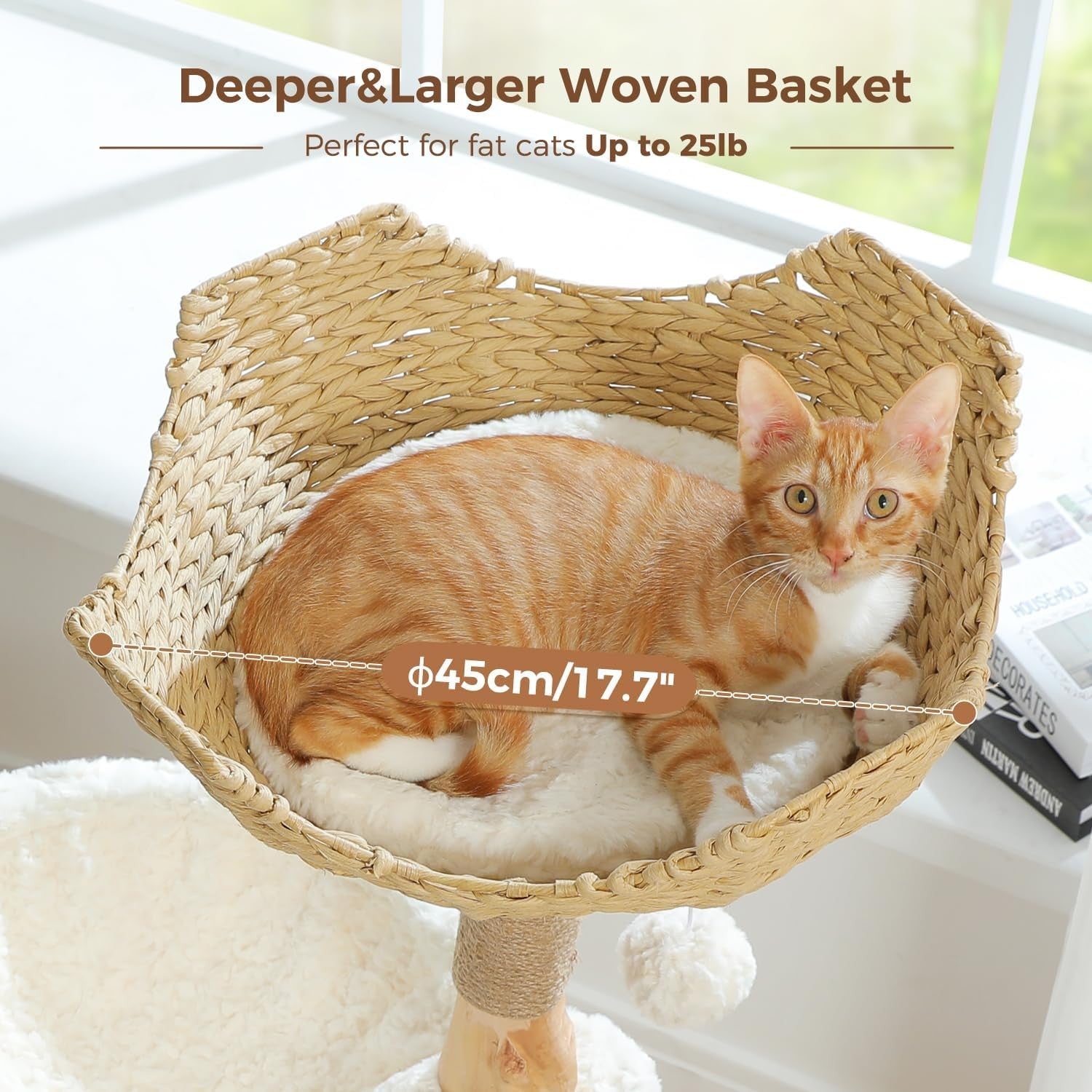 Luxury Wooden Cat Tree 40in Modern Tower with Wicker Basket Hammock Condo