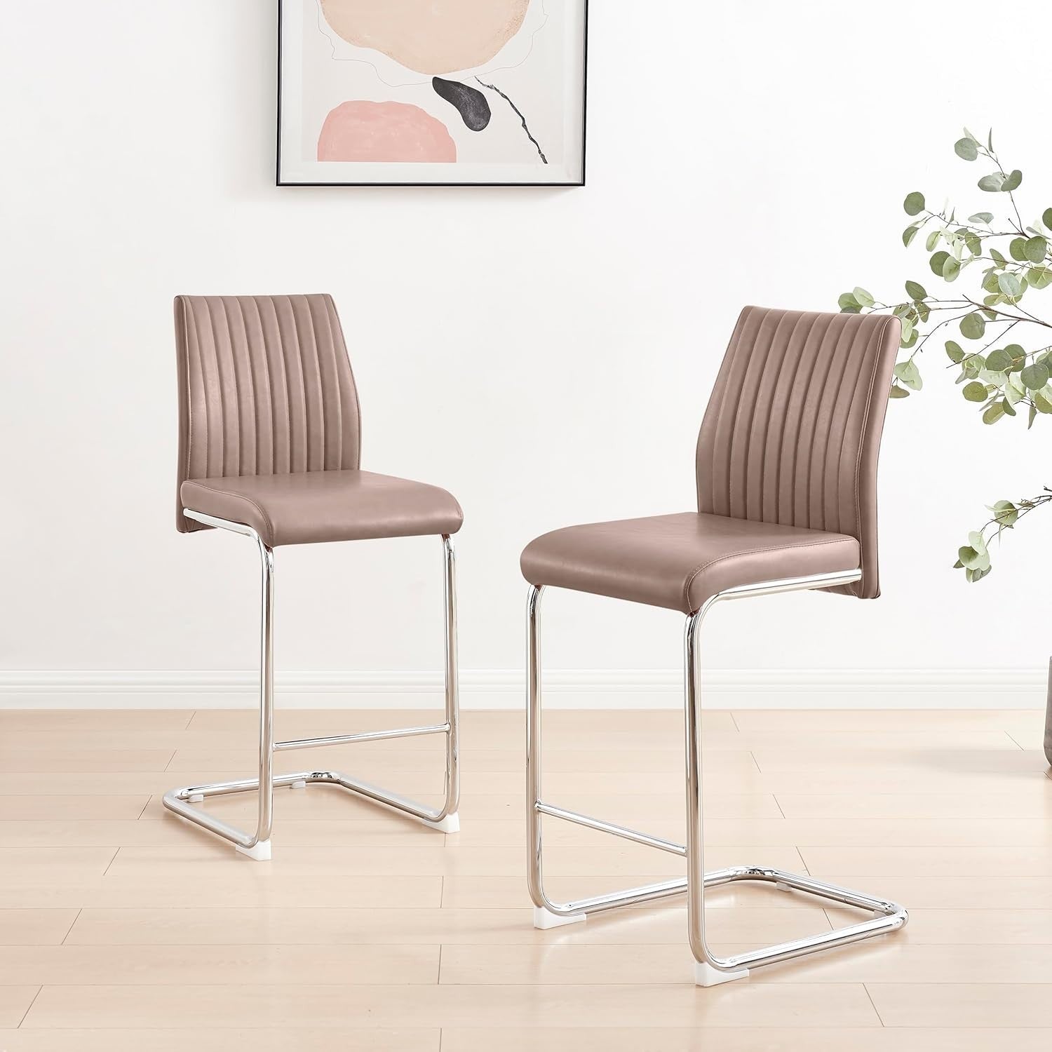 Modern Cappuccino Bar Stools Set of 2 – Faux Leather Cantilever Chairs