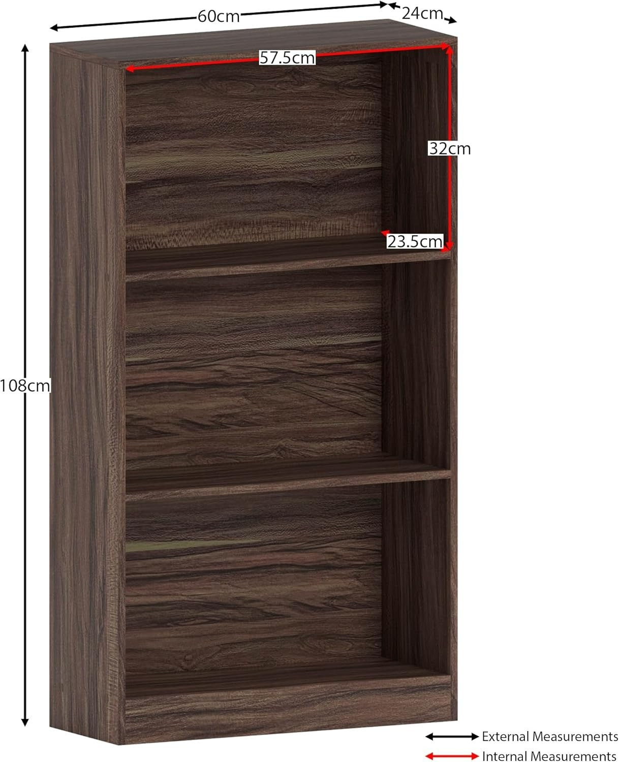 3 Tier Walnut Wooden Bookcase Modern Storage Display Shelf Living Room Medium