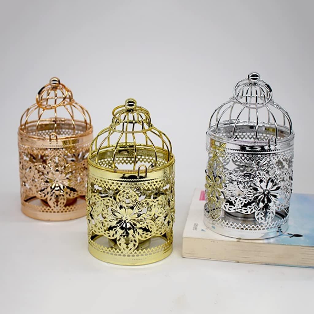 Decorative Hanging Lantern – Bird Cage Metal Candle Holder (C Rose Gold)