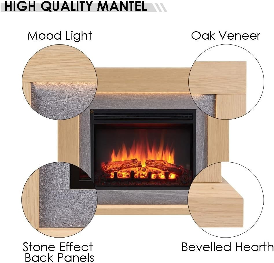 39" Electric Fireplace Heater with Oak Surround, Remote, Realistic Flame
