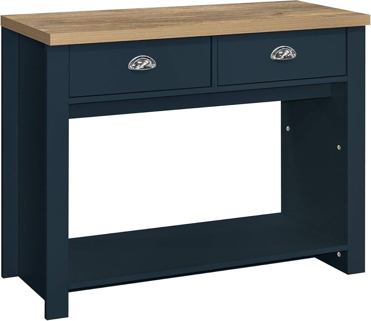 Navy Blue 2 Drawer Console Table Oak Top - Farmhouse Storage Shelf