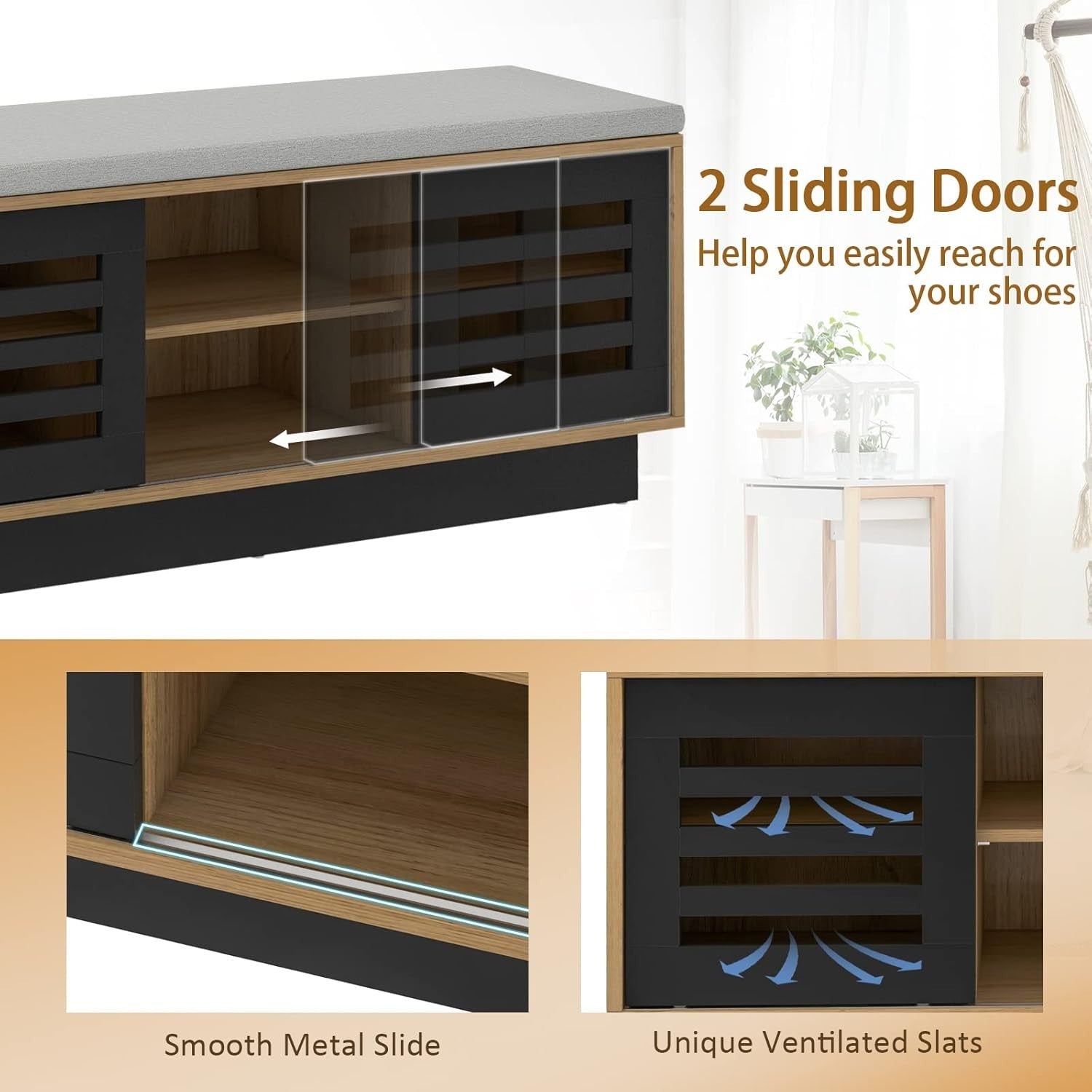2-Tier Shoe Storage Bench with Cushion, 6 Compartments & Sliding Doors