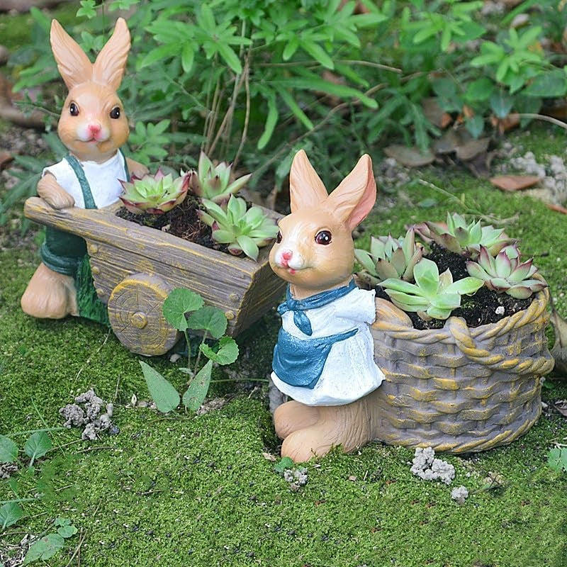 Set of 2 Rabbit Garden Ornaments • Resin Outdoor Figurines with Cart & Basket