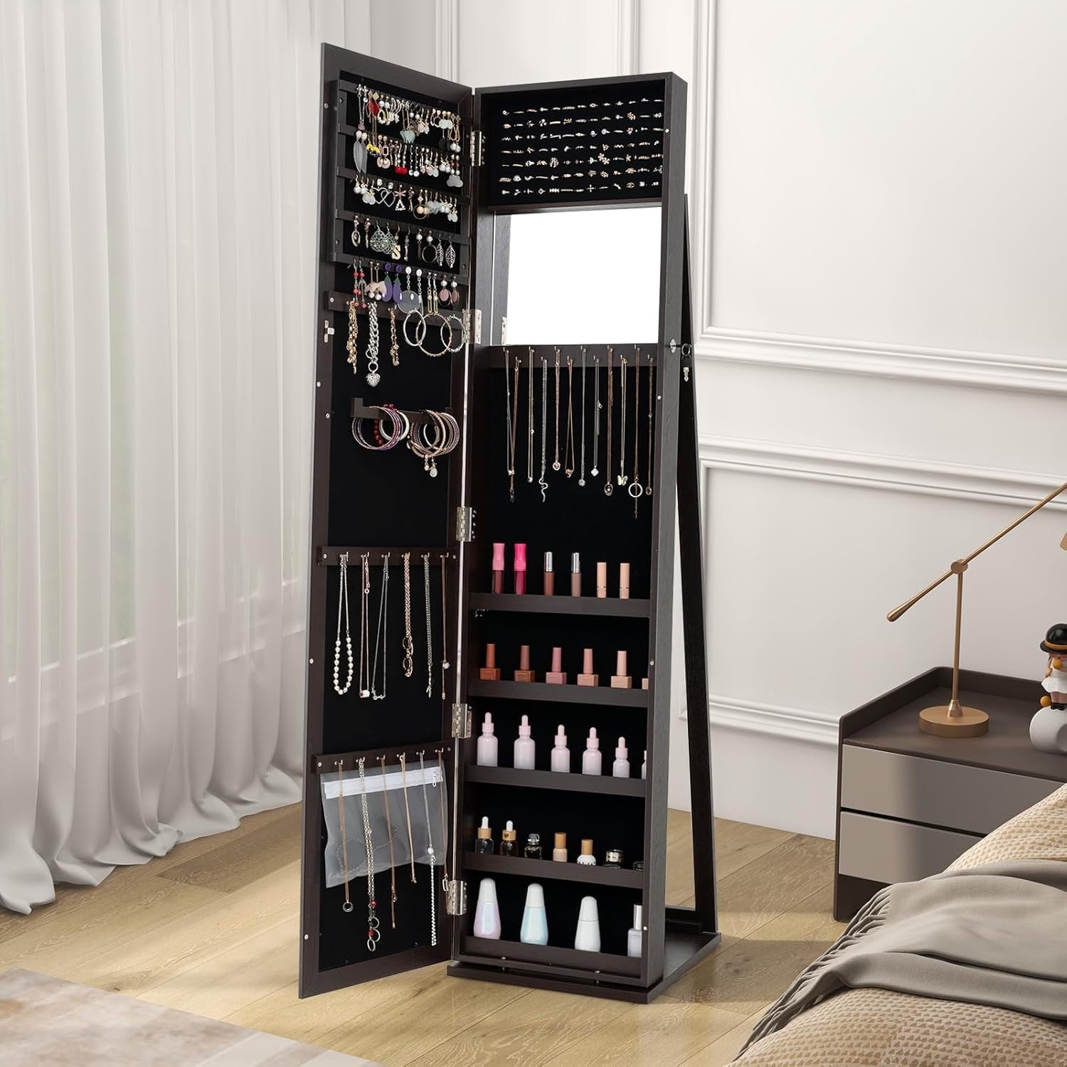 Espresso Jewelry Cabinet Mirror Lockable 3-in-1 Freestanding Storage