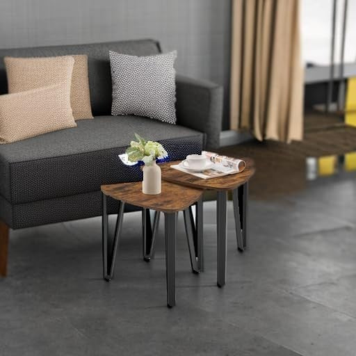 Set of 2 Nesting Triangle Side Tables Rustic Coffee End Table Wood/Steel Frame