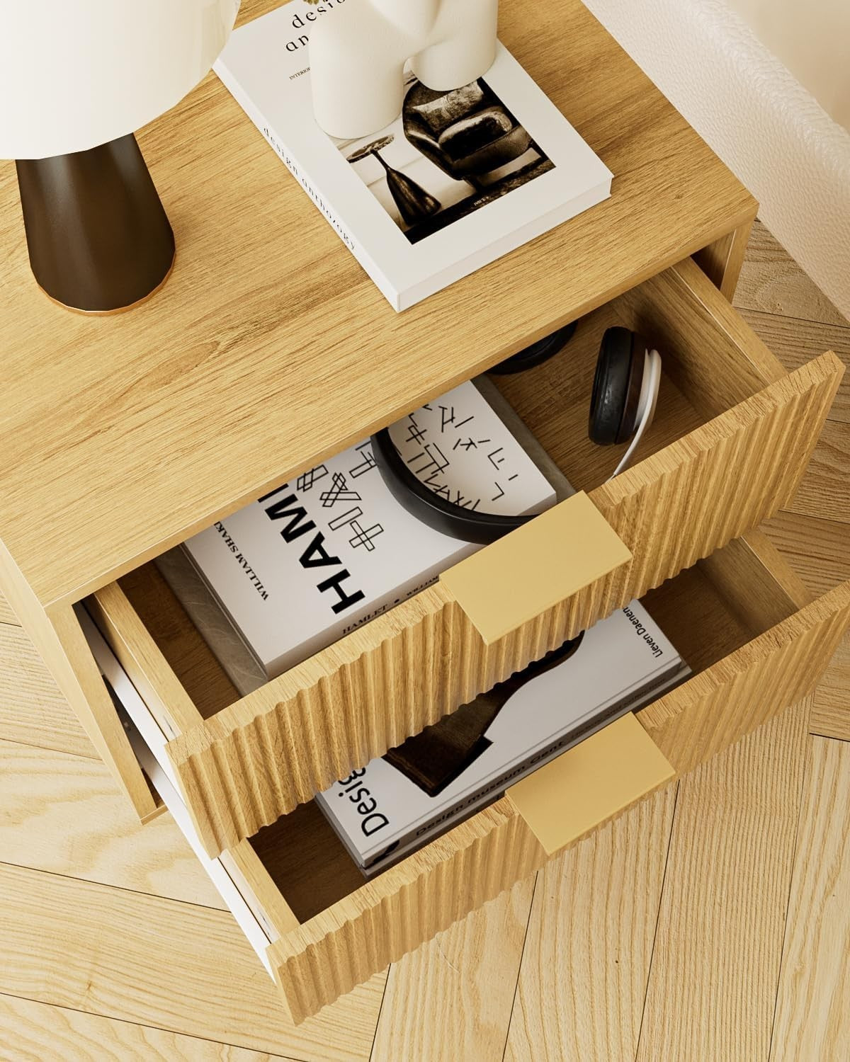 Modern Oak Bedside Table with 2 Drawers & Gold Legs | Wooden Nightstand