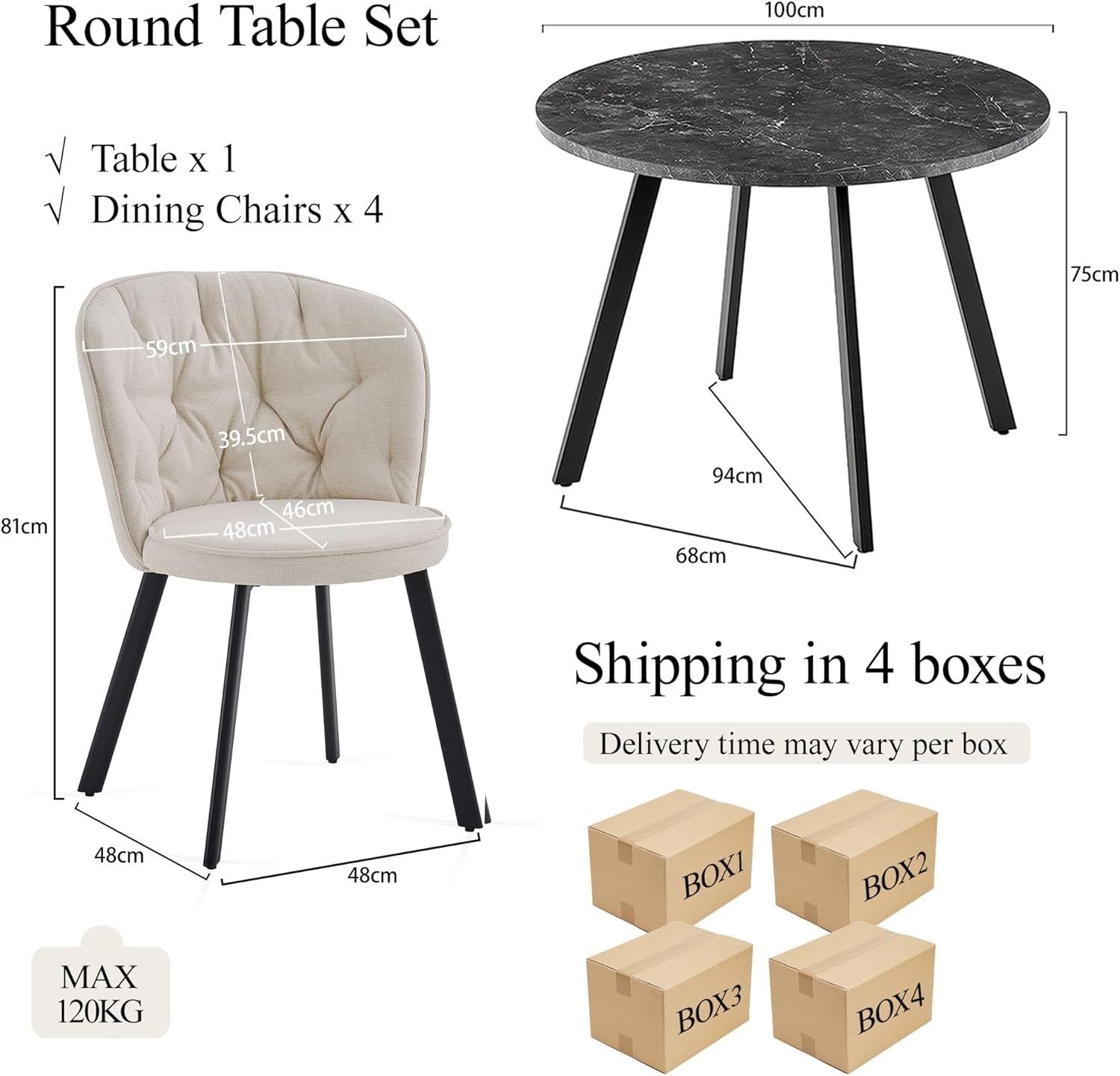 Round Dining Table & 4 Beige Linen Chairs Set | Compact, Stylish & Durable