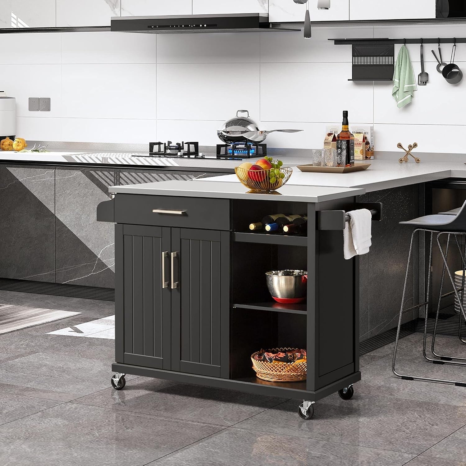 Kitchen Island Trolley on Wheels with Stainless Steel Top Drawer Wine Rack