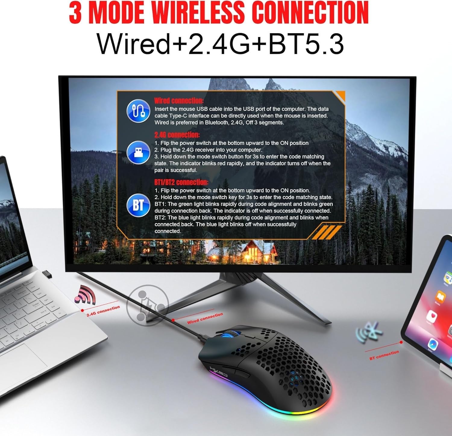RGB Wireless Gaming Mouse 3600 DPI Lightweight Honeycomb Black