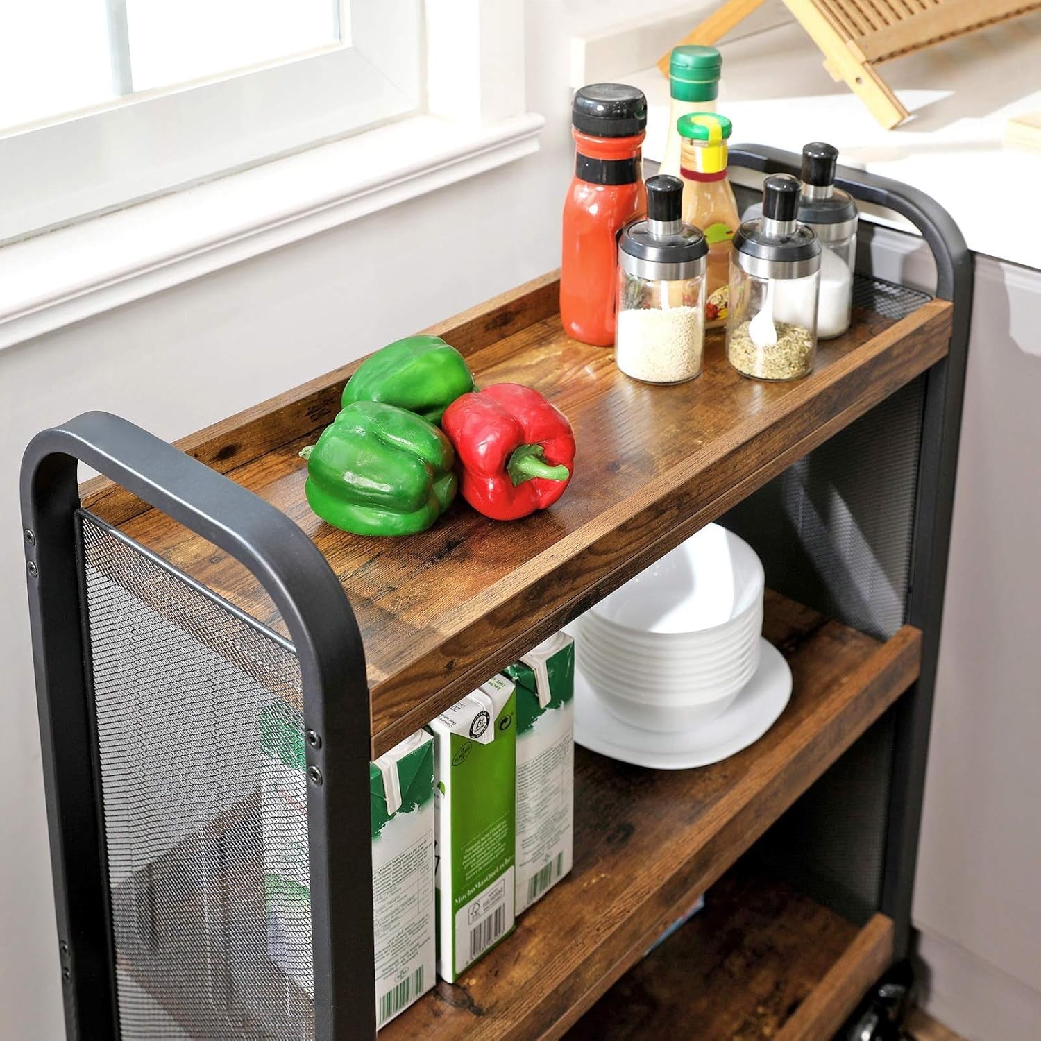 3 Tier Kitchen Trolley on Wheels Slim Rolling Storage Cart Metal Shelves