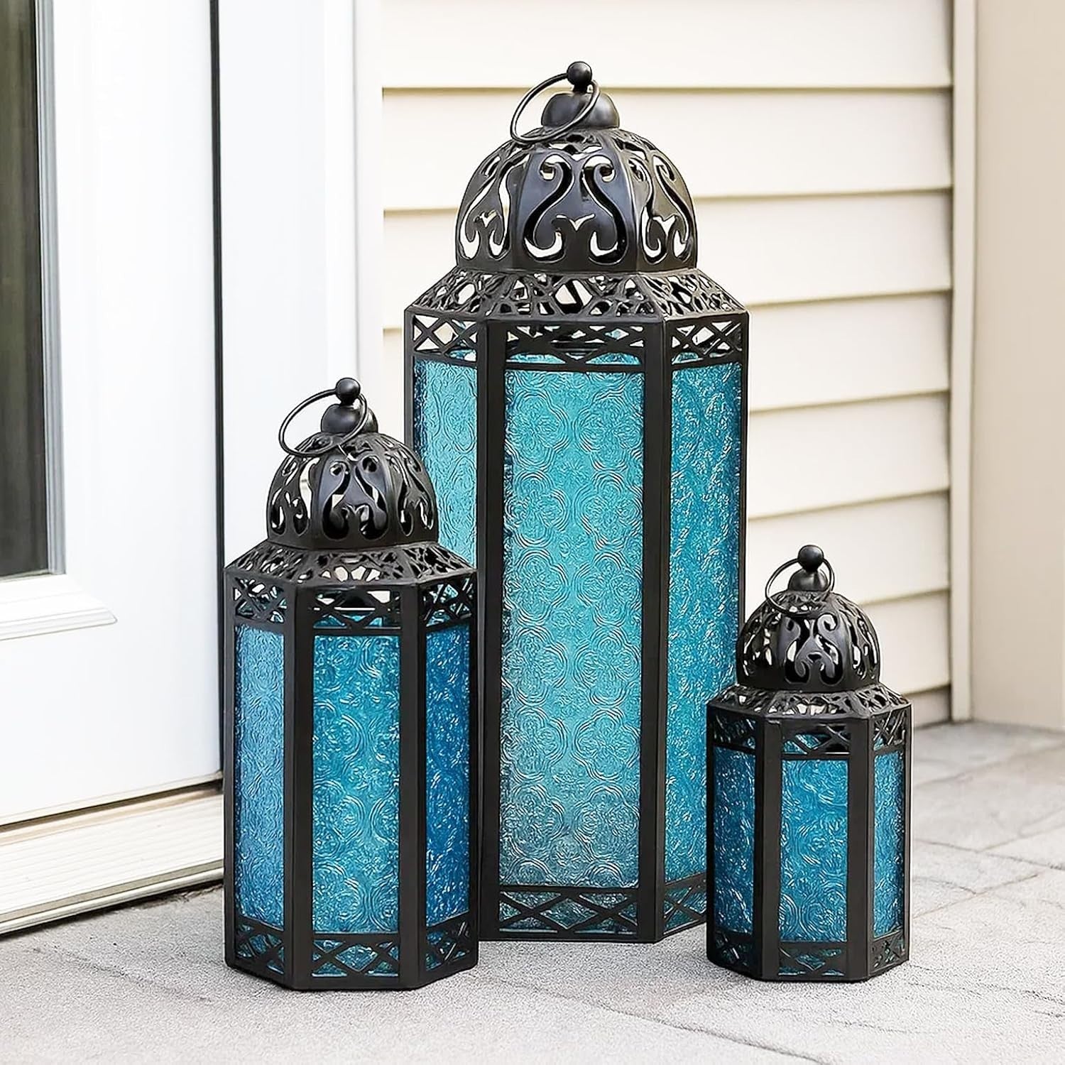 Set of 3 Blue Moroccan Candle Lanterns Home Decor