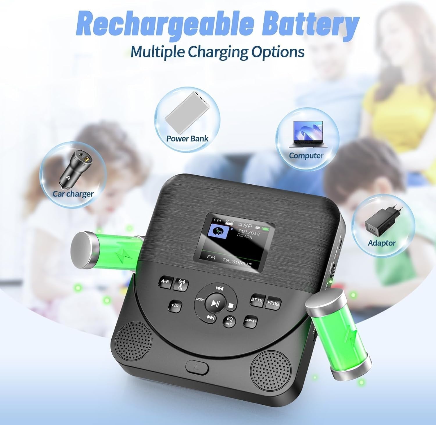 Portable Bluetooth CD Player FM Transmitter TF AUX Rechargeable Black